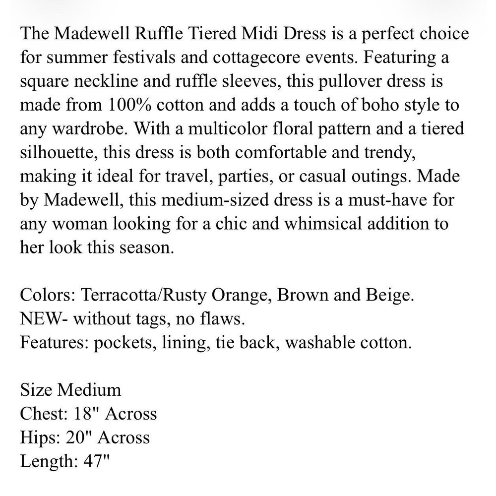 Madewell Ruffle Tiered Midi Dress Medium Floral Summer Cottagecore Festival Boho - Picture 8 of 8